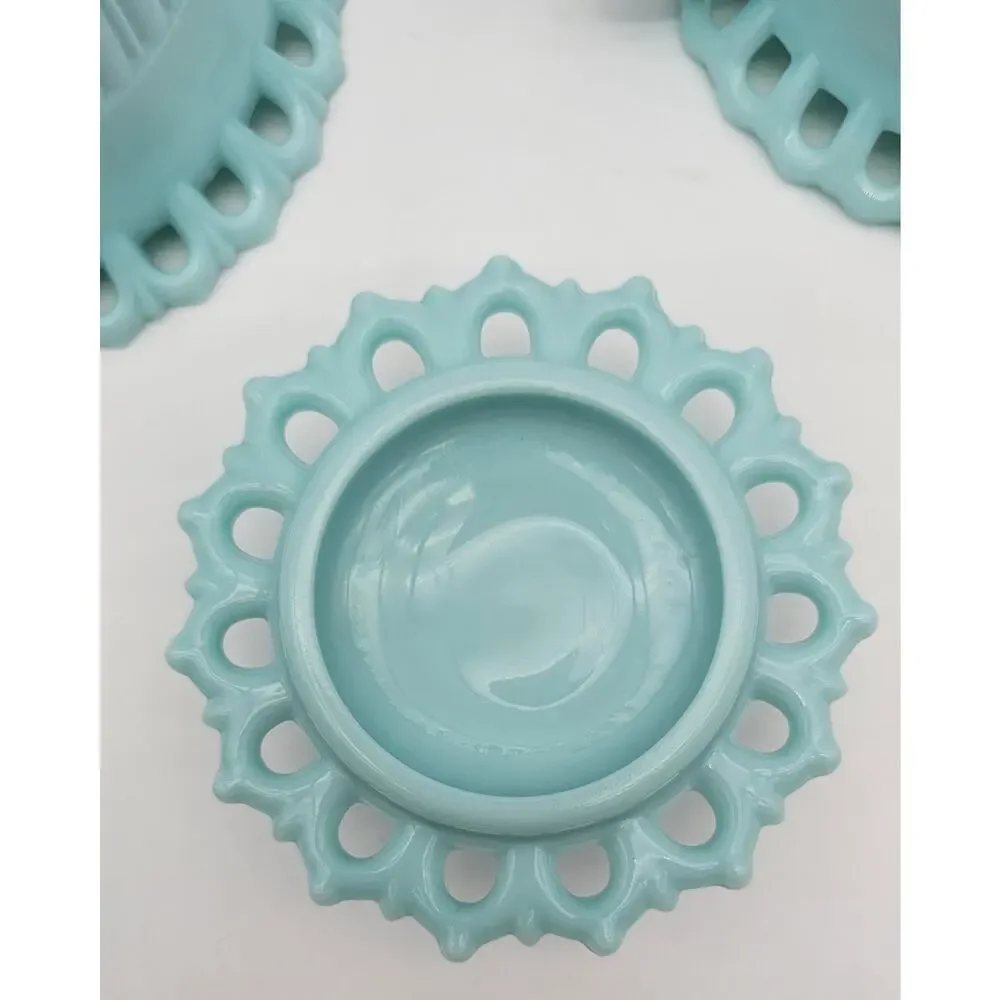Fostoria Randolph Blue Milk Glass Cream Sugar & Candlestick Holder Set
